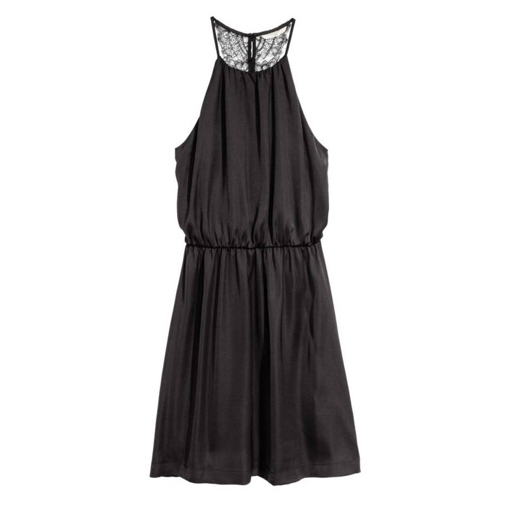 H&M Black Sleeveless Dress with Lace Buttoned Back and Elastic Waist, Size 12